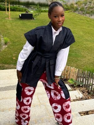 Pantalon rouge Meza en wax et jean